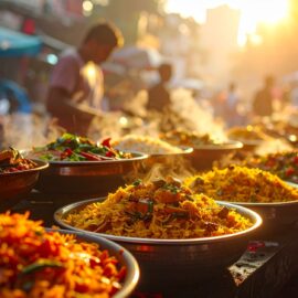 Indian Fire & Flavor – authentische indische Currys und Biryani auf einem Streetfoodmarkt in Mumbai bei Sonnenuntergang