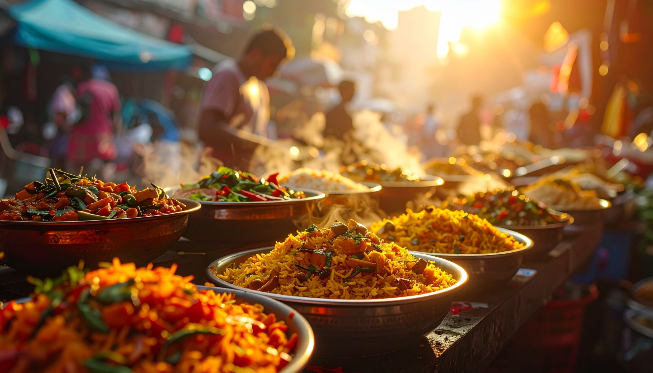 Indian Fire & Flavor – authentische indische Currys und Biryani auf einem Streetfoodmarkt in Mumbai bei Sonnenuntergang