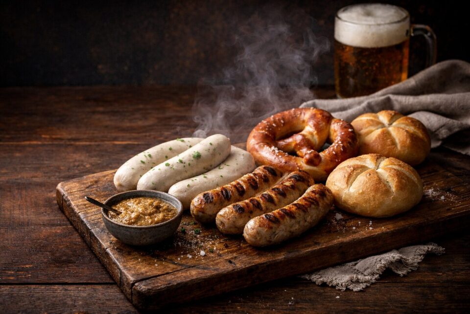Wurstseminar in Fürth: Weißwurst und fränkische Bratwurst mit Senf, Brezen und Weckla auf rustikalem Holzbrett