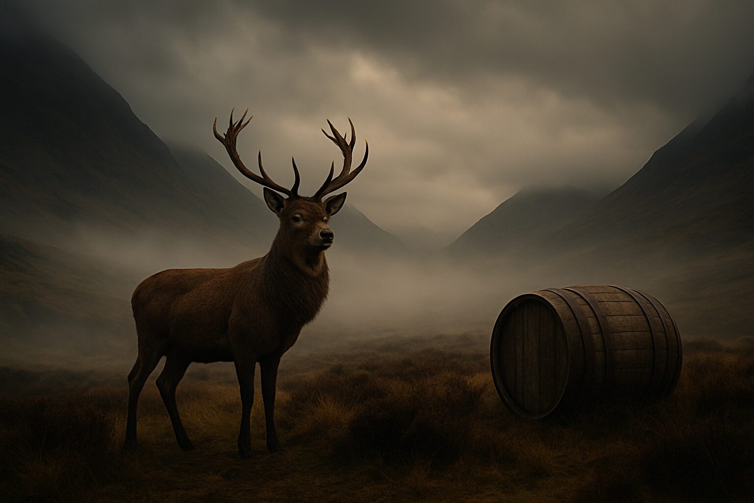 Hirsch vor einem alten Whiskyfass in den Highlands, mystische Landschaft als Sinnbild für Wild, Whisky und Genuss in der Akademie der kochenden Künste.