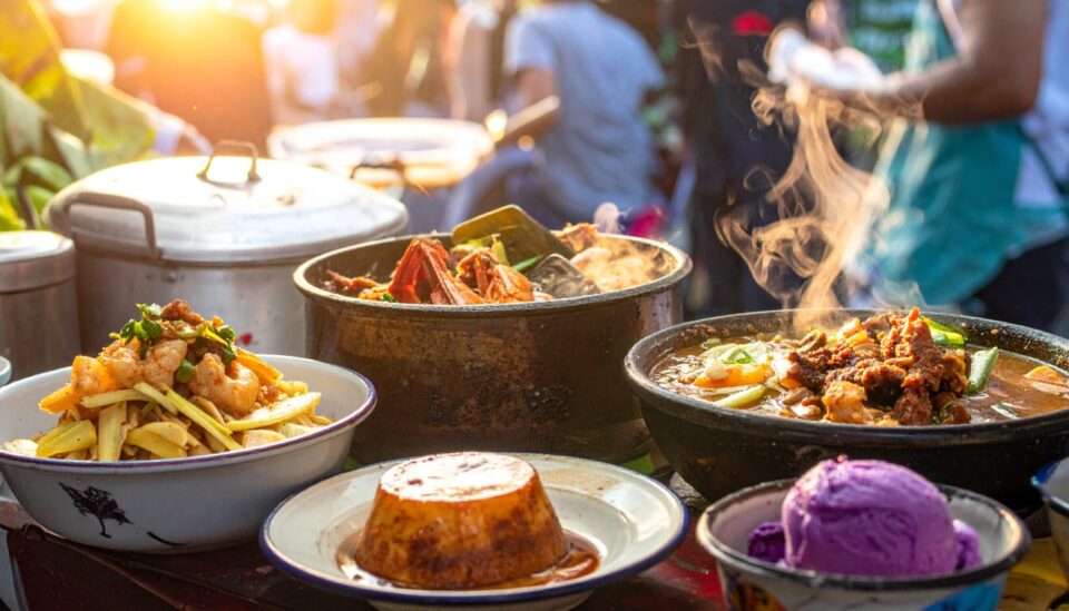 Traditionelle philippinische Gerichte auf einem Street-Food-Markt: dampfendes Kare-Kare im Tontopf, Sinigang mit Garnelen und Zitronengras, Sizzling Pork, cremiger Leche Flan und leuchtend violettes Ube-Eis authentisch und einladend präsentiert.