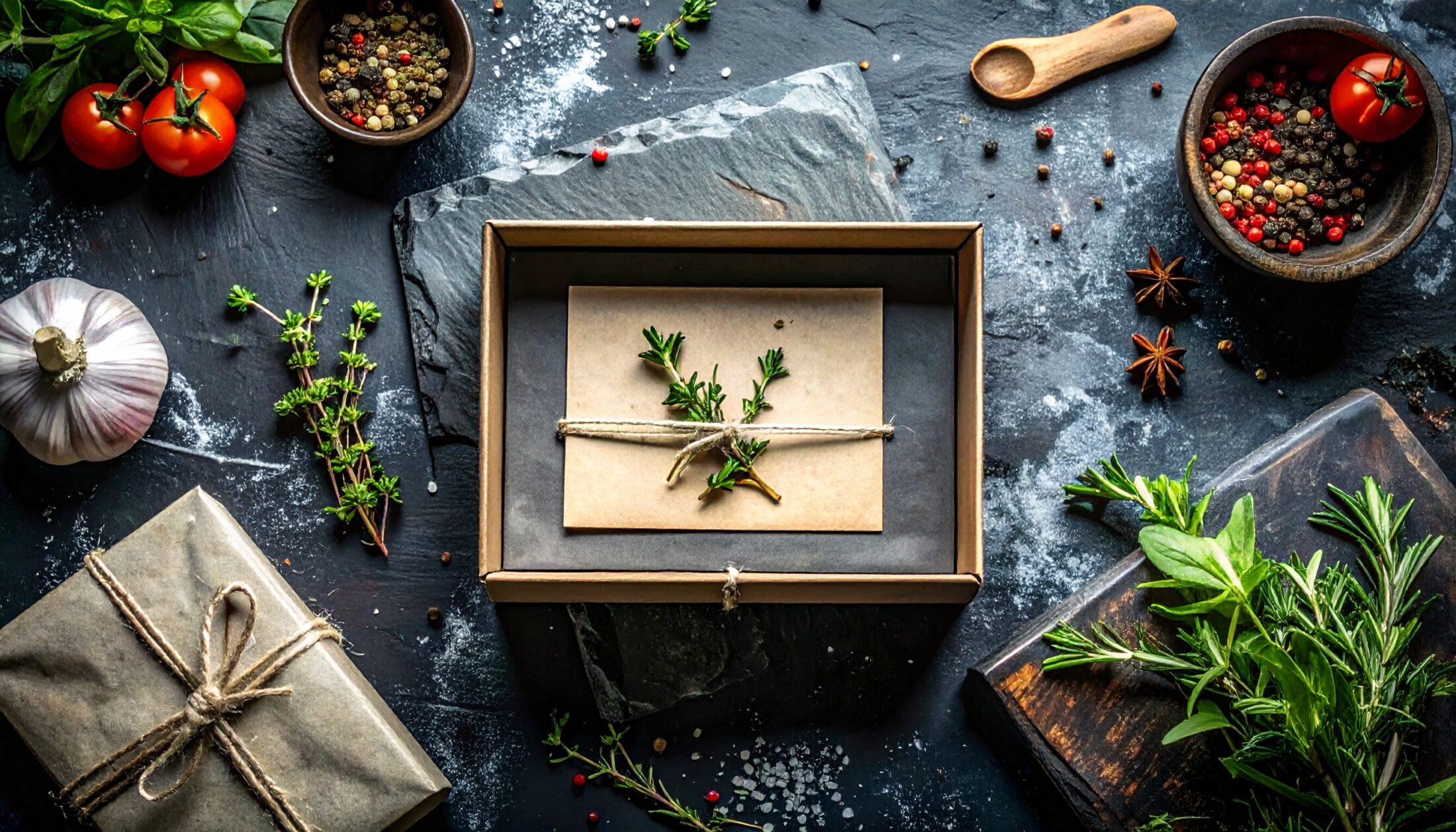Offene Geschenkbox auf dunklem Chef’s Pass mit Wertgutschein-Karte und Kräutern – Akademie der kochenden Künste, Fürth.