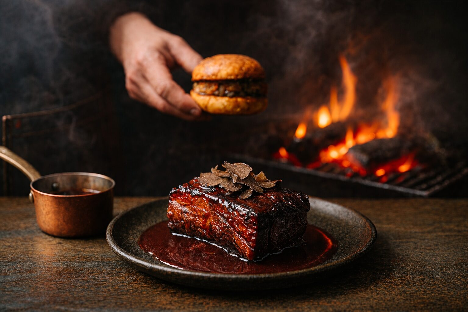 Short Rib mit Trüffel auf Gusseisenplatte – BBQ-Szene mit Rauch, Glut und dunklem Holztisch im Hintergrund