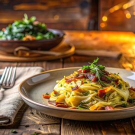Krautfleckerl mit Spitzkohl und Speck auf rustikalem Holztisch – österreichischer Kochkurs in Fürth, gut erreichbar aus Nürnberg, Fürth und Erlangen