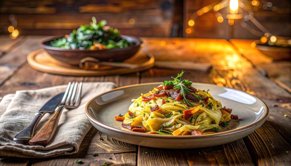 Krautfleckerl mit Spitzkohl und Speck auf rustikalem Holztisch – österreichischer Kochkurs in Fürth, gut erreichbar aus Nürnberg, Fürth und Erlangen