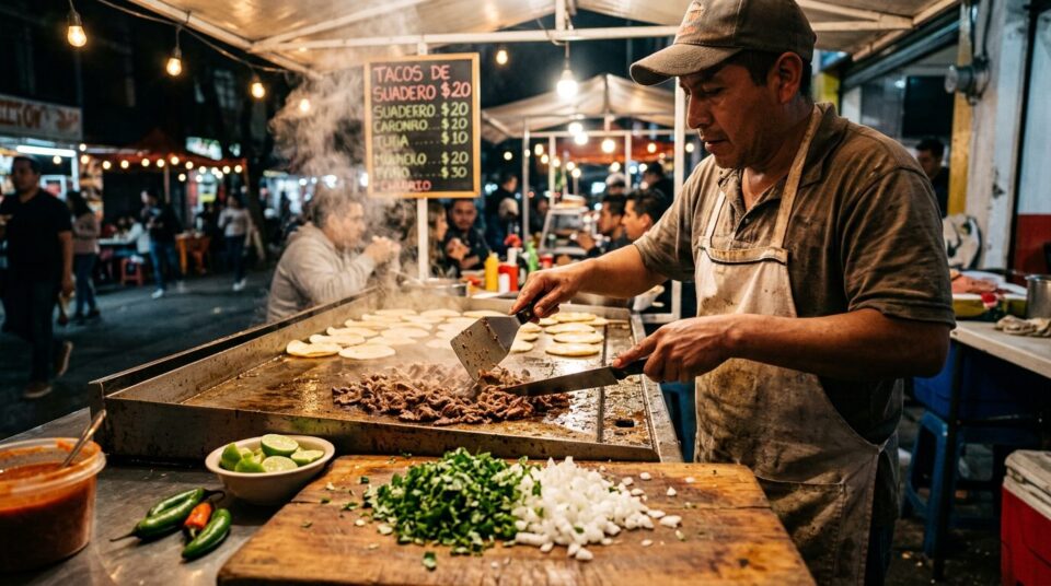 Taco Kochkurs Fürth – Taquero bereitet Tacos auf einer heißen Plancha mit Fleisch, Koriander und Zwiebeln zu