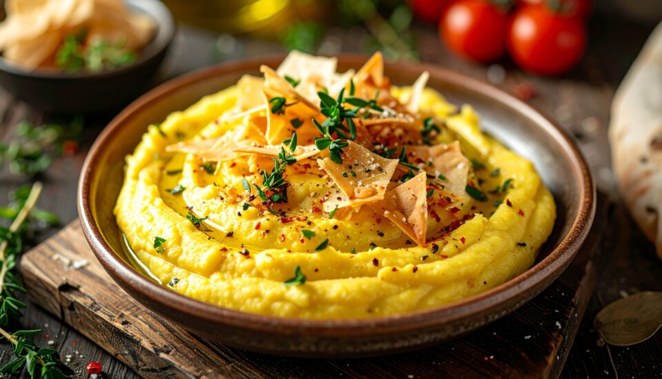 Cremige Fava mit knusprigem Filo und Kräutern – Vorspeise im Kreta Kochkurs in Fürth bei Nürnberg