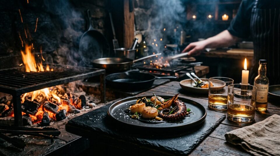 Offene Feuerküche mit Whisky und nordatlantischem Fine-Dining-Gericht beim Scotch & Beef Club „Ember & Sea“ in Fürth