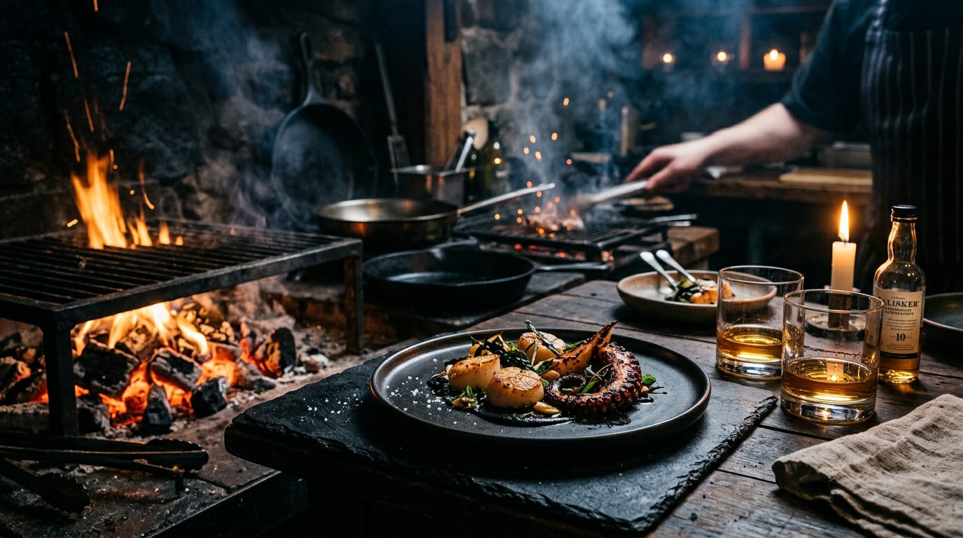 Offene Feuerküche mit Whisky und nordatlantischem Fine-Dining-Gericht beim Scotch & Beef Club „Ember & Sea“ in Fürth