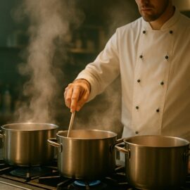 Saucenkochkurs in moderner Profiküche – konzentrierter Koch beim Reduzieren einer Sauce