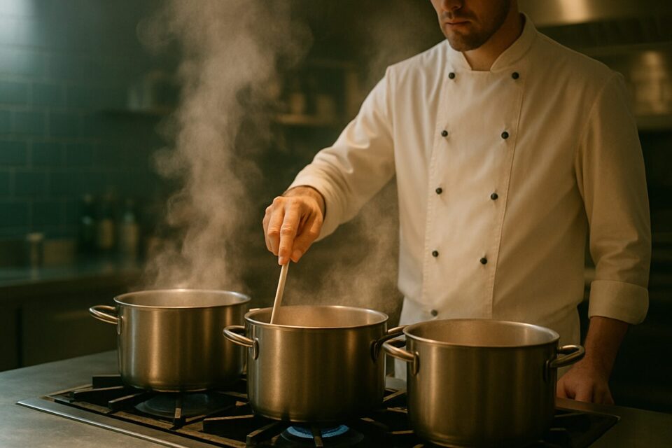 Saucenkochkurs in moderner Profiküche – konzentrierter Koch beim Reduzieren einer Sauce
