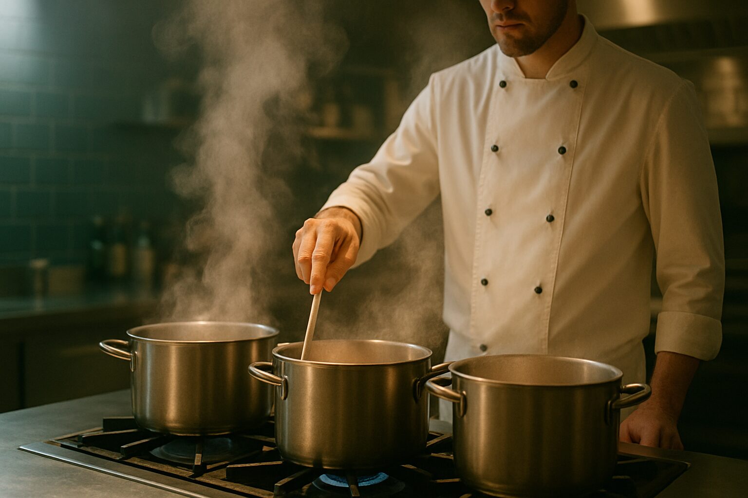 Saucenkochkurs in moderner Profiküche – konzentrierter Koch beim Reduzieren einer Sauce