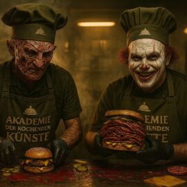 Burger und Pastrami Sandwich mit hausgemachten Buns, Pickles und Pastrami im Deli-Style