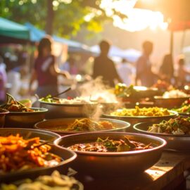 Vegetarische Thai-Curry mit frischem Gemüse auf einem thailändischen Streetfood-Markt bei Sonnenuntergang – authentische Kochkurs-Atmosphäre in Nürnberg