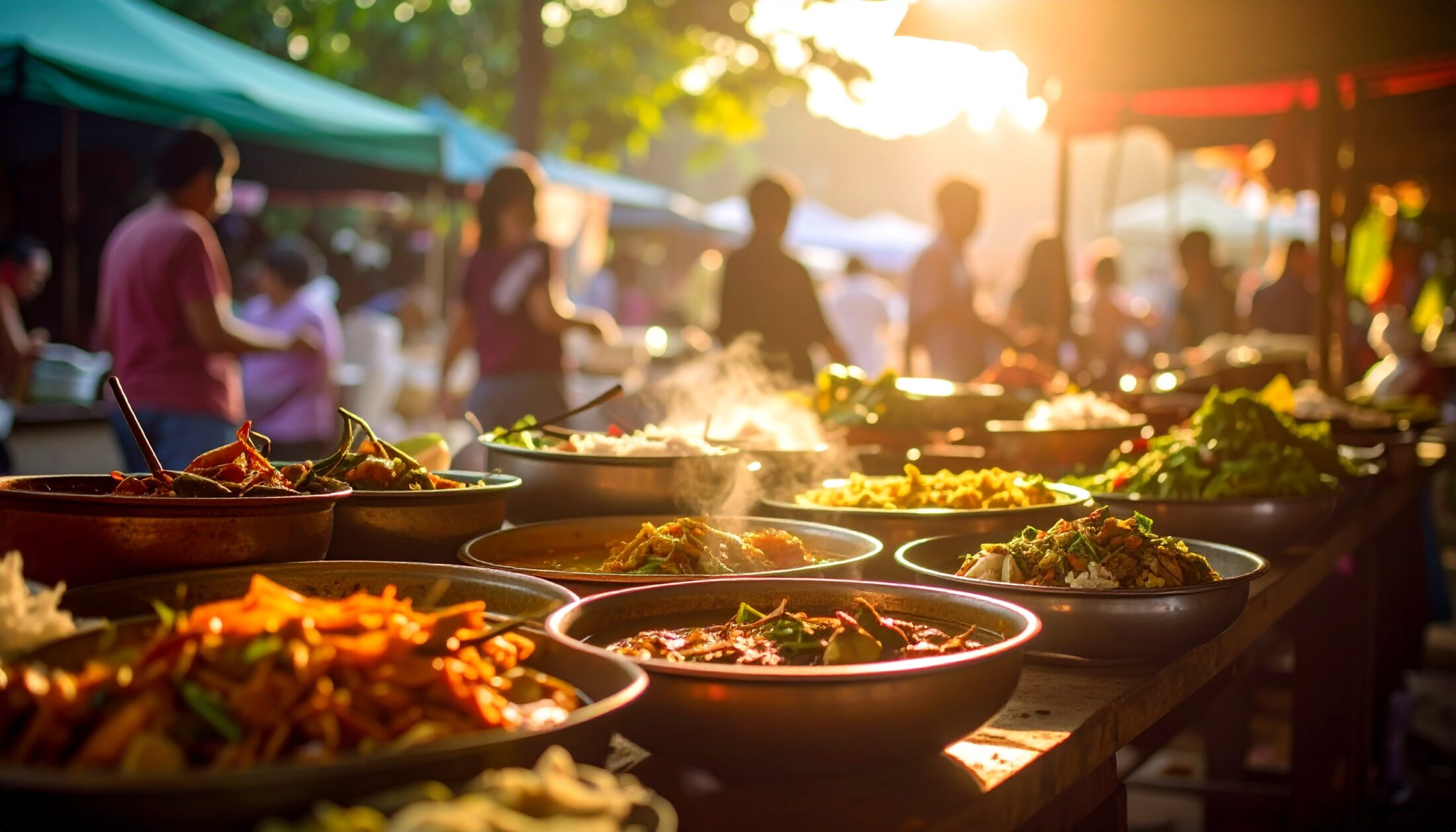 Vegetarische Thai-Curry mit frischem Gemüse auf einem thailändischen Streetfood-Markt bei Sonnenuntergang – authentische Kochkurs-Atmosphäre in Nürnberg