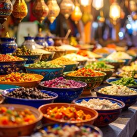 Bunte Schalen mit veganen Gerichten der Levante: Fattoush, Datteln, Kichererbsen, frische Kräuter und orientalische Salate