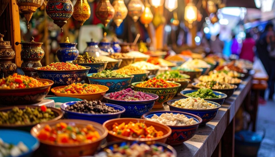 Bunte Schalen mit veganen Gerichten der Levante: Fattoush, Datteln, Kichererbsen, frische Kräuter und orientalische Salate